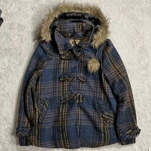 Y2K Dollhouse Womens Blue Brown Plaid Wool Blend Toggle Coat Faux Fur Hood Large